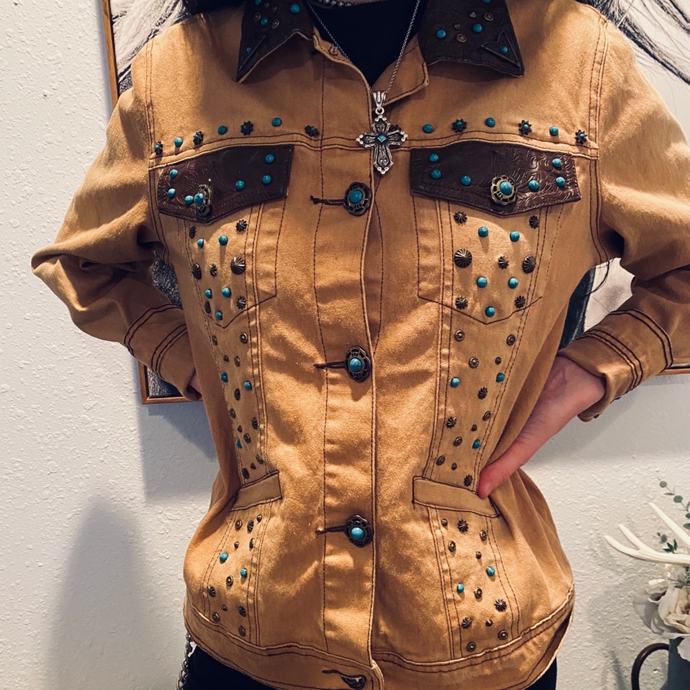 Western tooled leather and turquoise jacket!